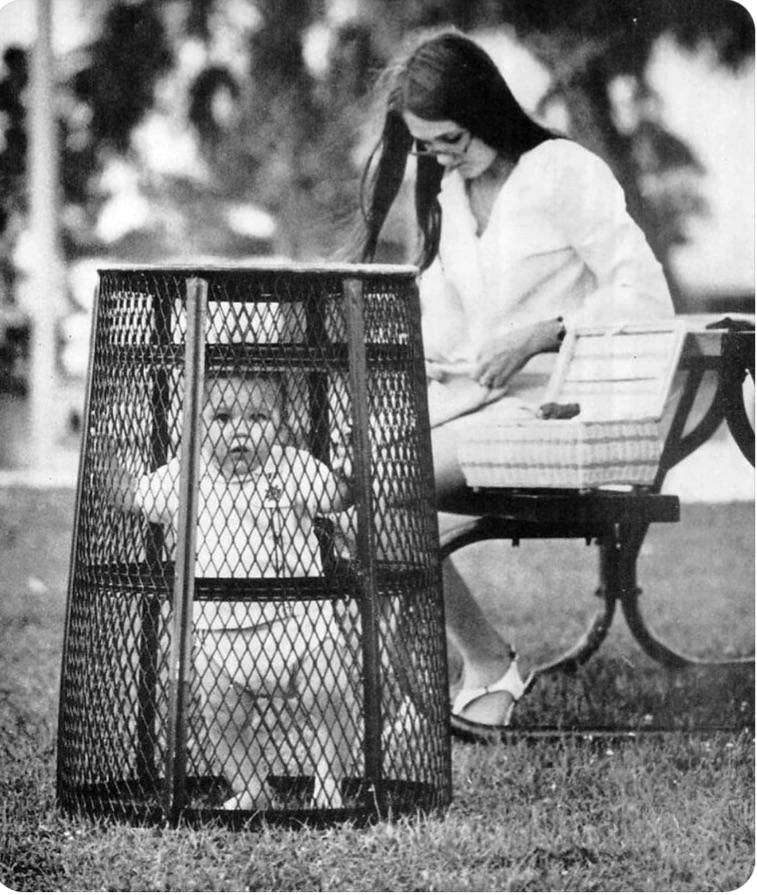 Discover the unusual way a 1969 mom kept her baby safe while crocheting