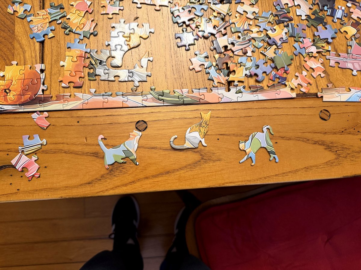 Discovering cat-shaped pieces in a flower jigsaw puzzle brings joy