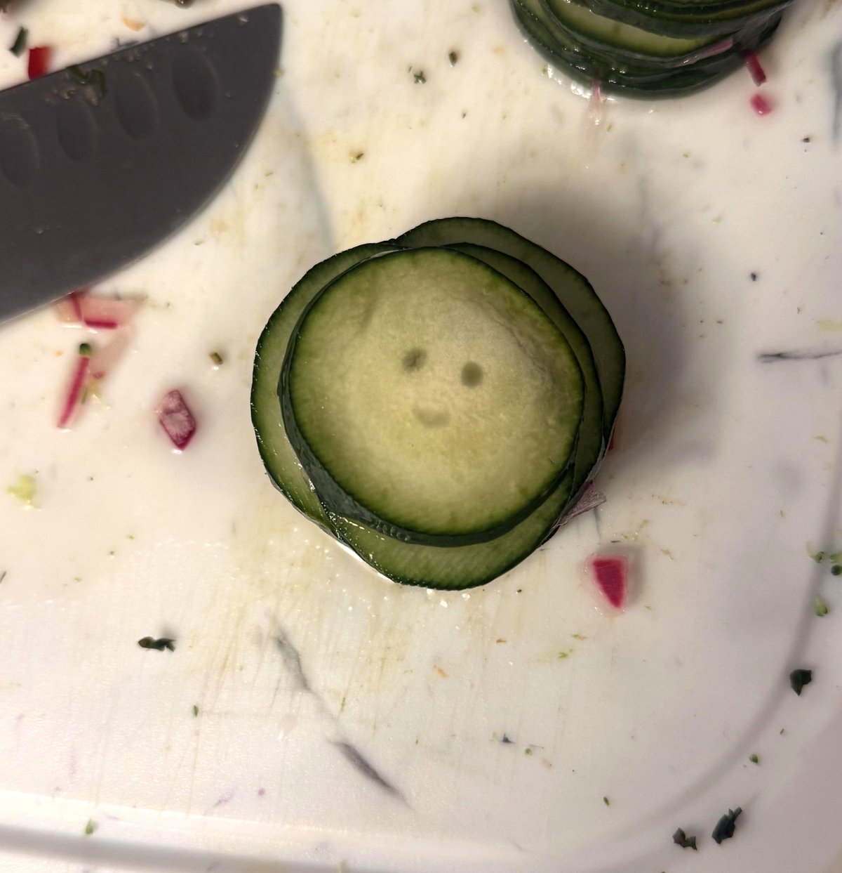 This adorable cucumber brought me joy while preparing dinner!