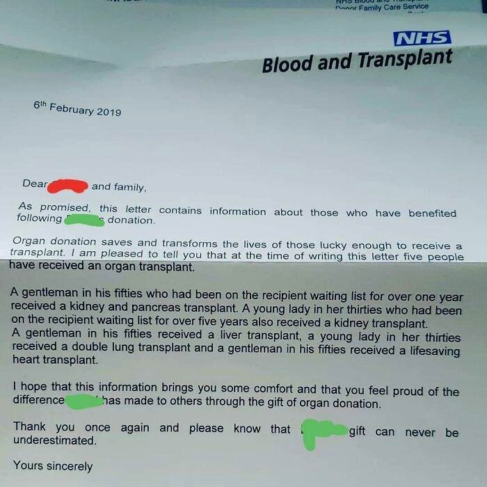 When you pass away in the UK and are registered as an organ donor, the NHS will inform your family about the fate of your organs through a letter.