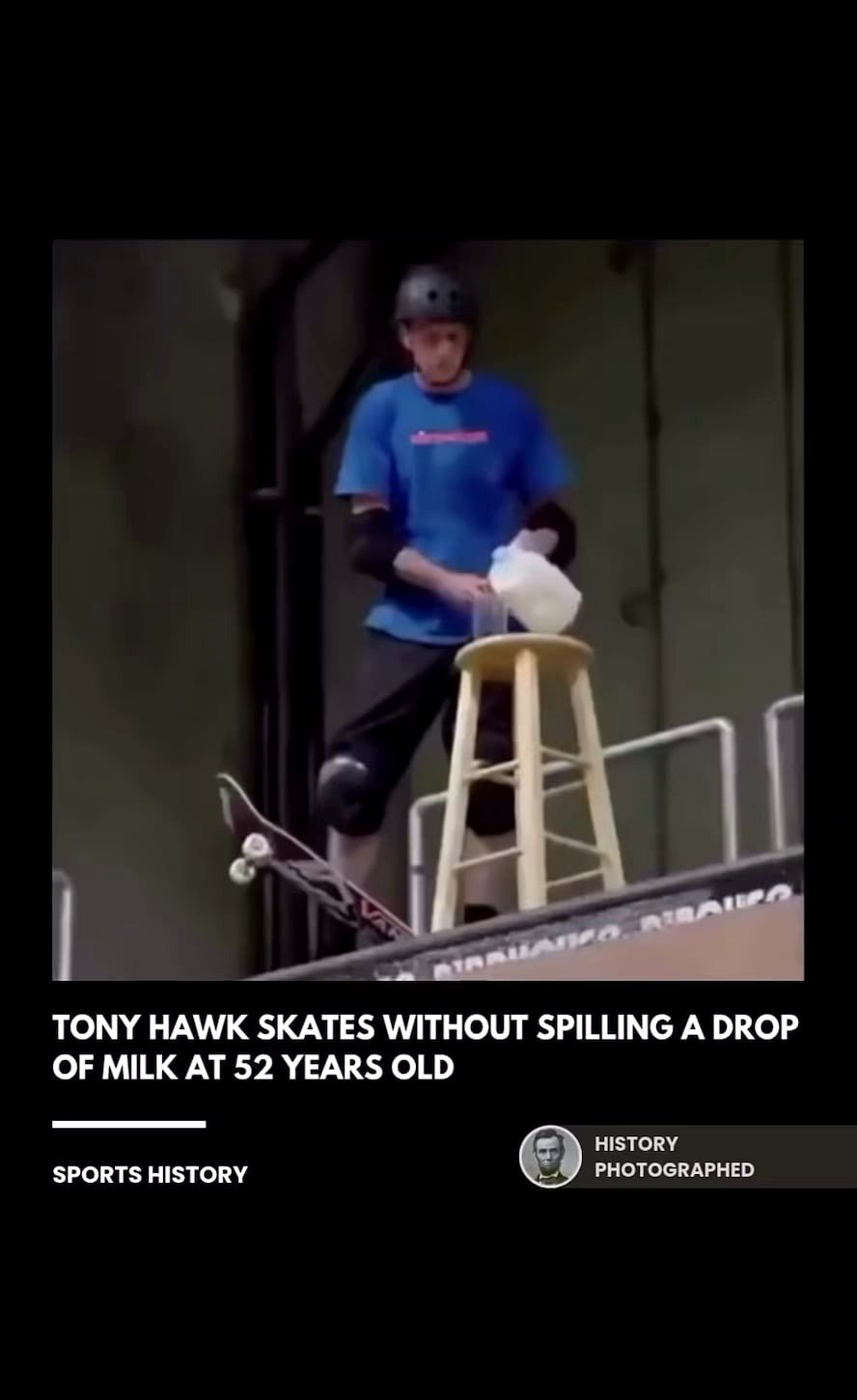 52-year-old Tony Hawk performs a McTwist while holding a glass of milk.